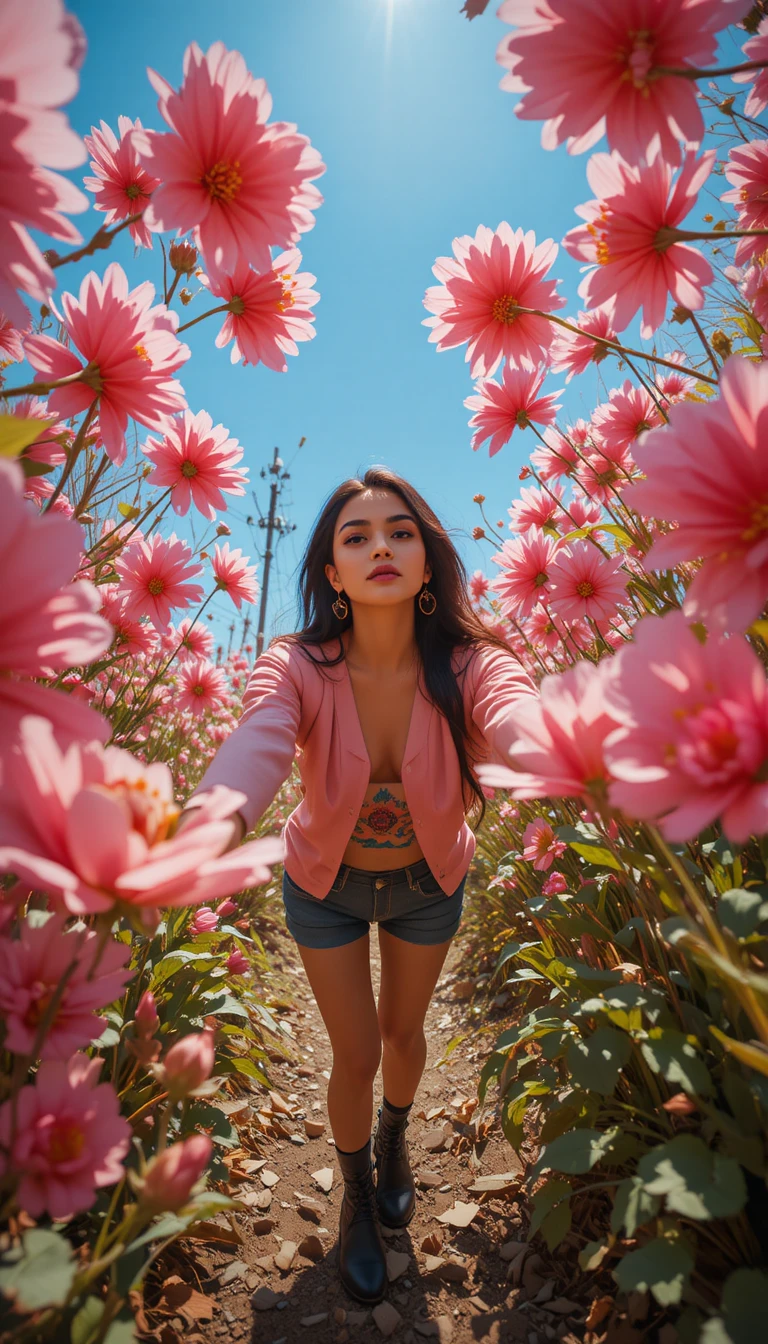 Low-Angle-Porträt einer stilvollen indischen Frau mit Frühlingsblumen