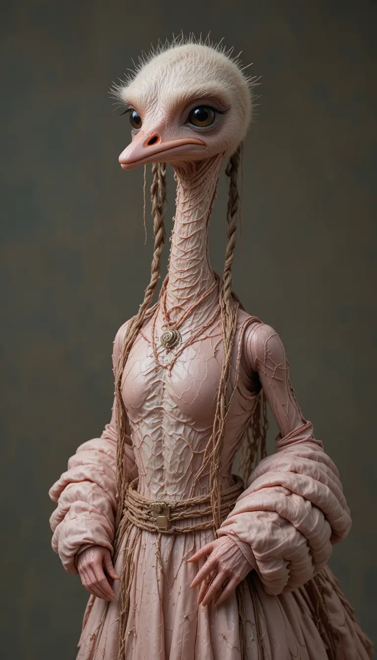 Bald ostrich in a gown with braids and caricature style