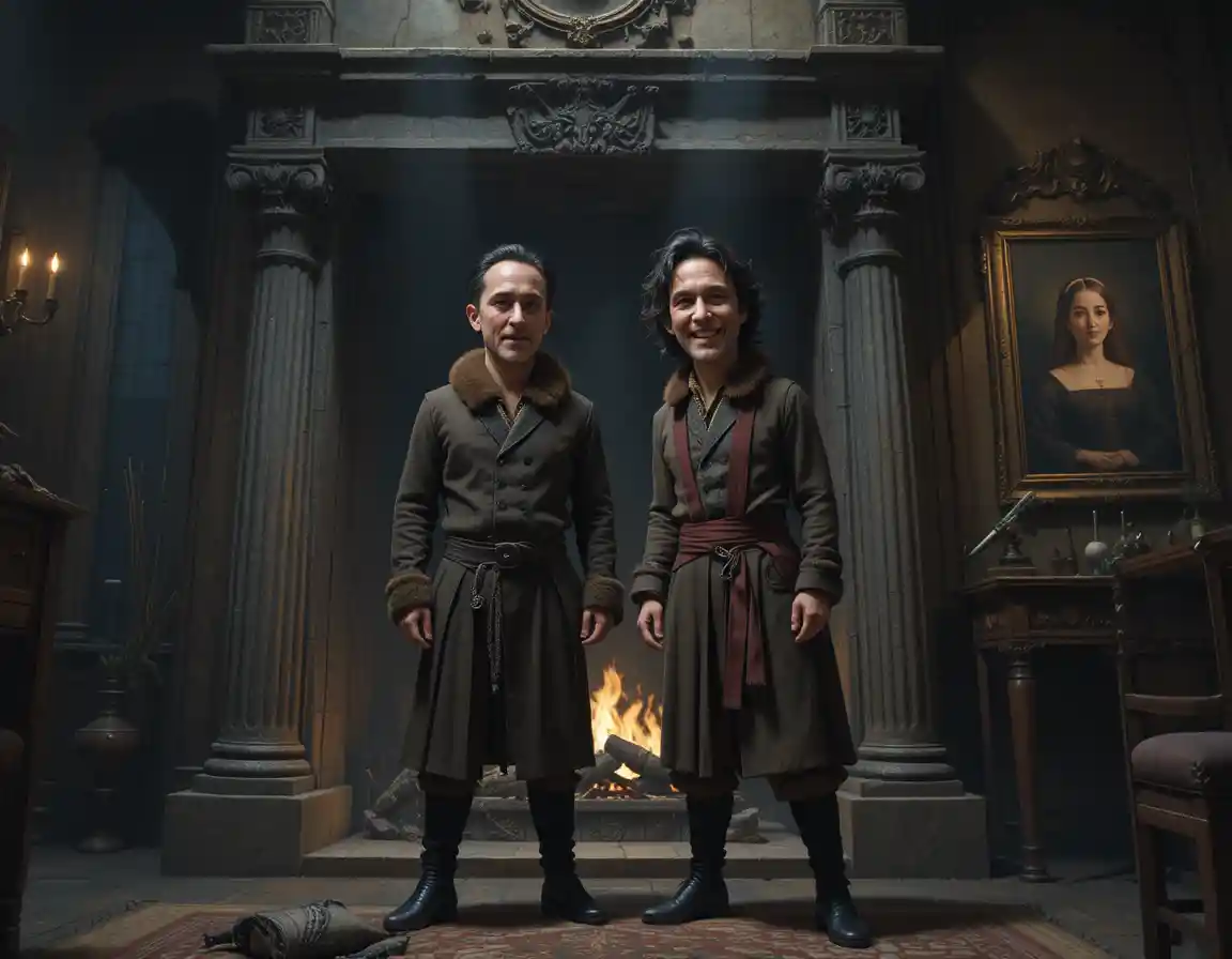 Two men standing inside a massive stone fireplace