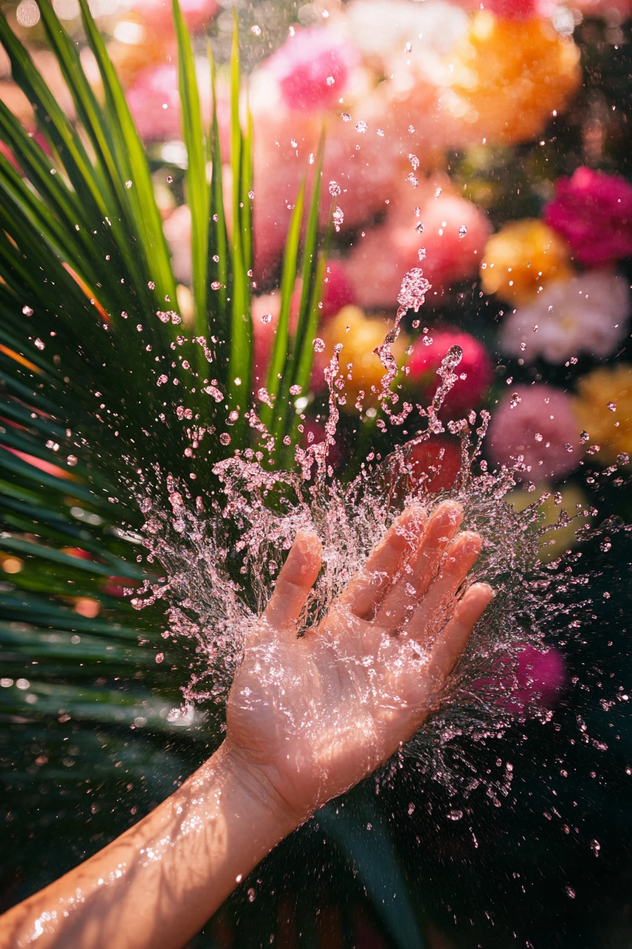 Primer plano de una mano con fondo floral y efecto de salpicaduras