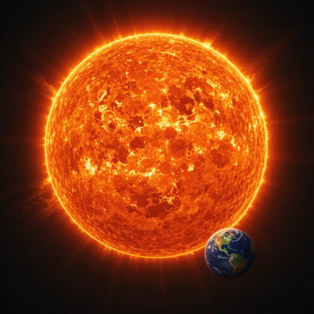 Gigantic glowing sun with tiny earth for size comparison