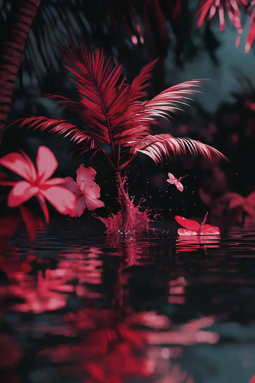 Ominous hand with blood splash and flowers behind