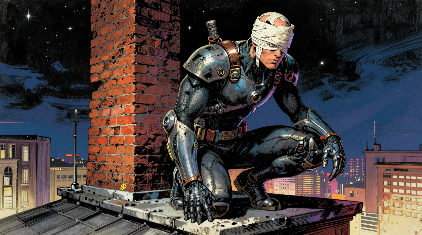 Guerriero cyberpunk accovacciato su un tetto di notte