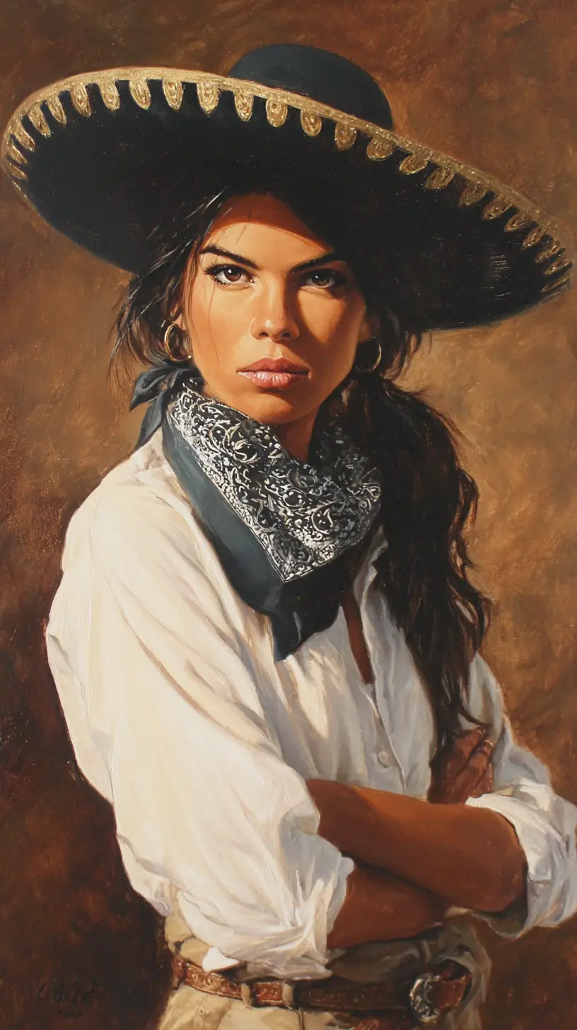 Latina woman in sombrero with intense hypnotic gaze