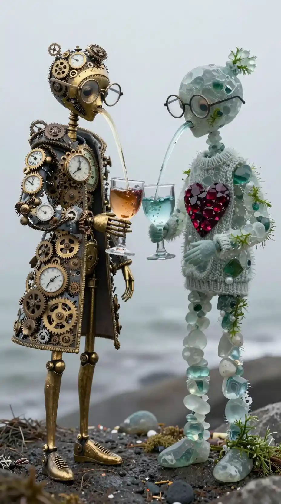 Surreal doll sculptures sharing a glass on a foggy coast