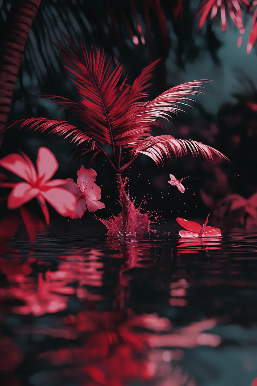 Ominous hand with blood splash and flowers behind