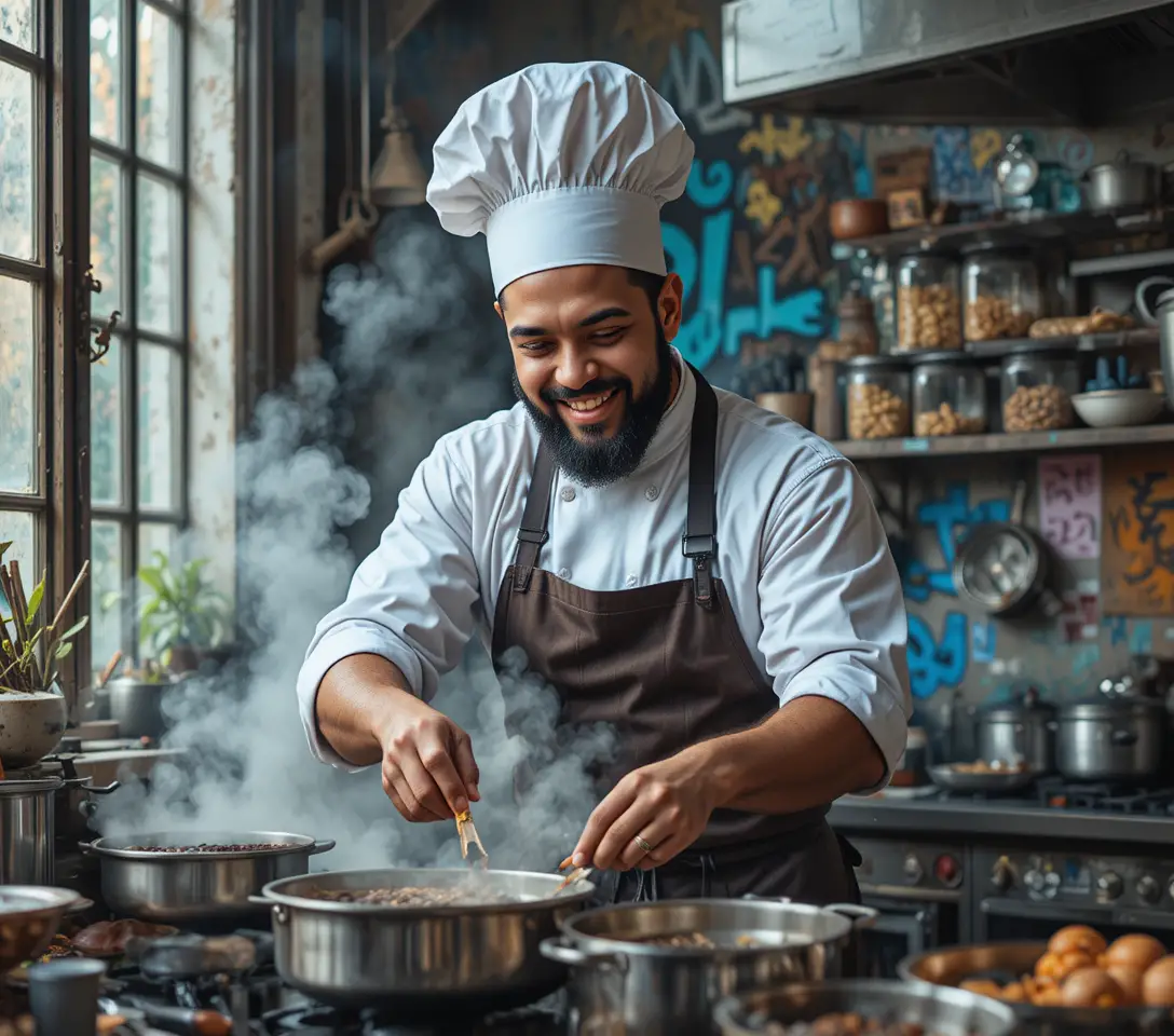 Lächelnder Koch, der in einer professionellen Kücheneinrichtung kocht