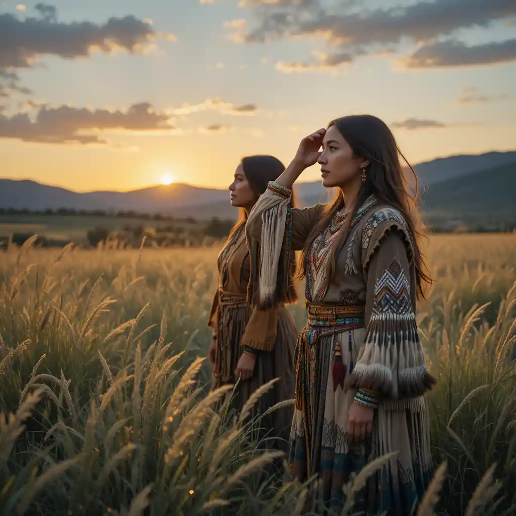 Two Sioux women in tall grass at sunset hills