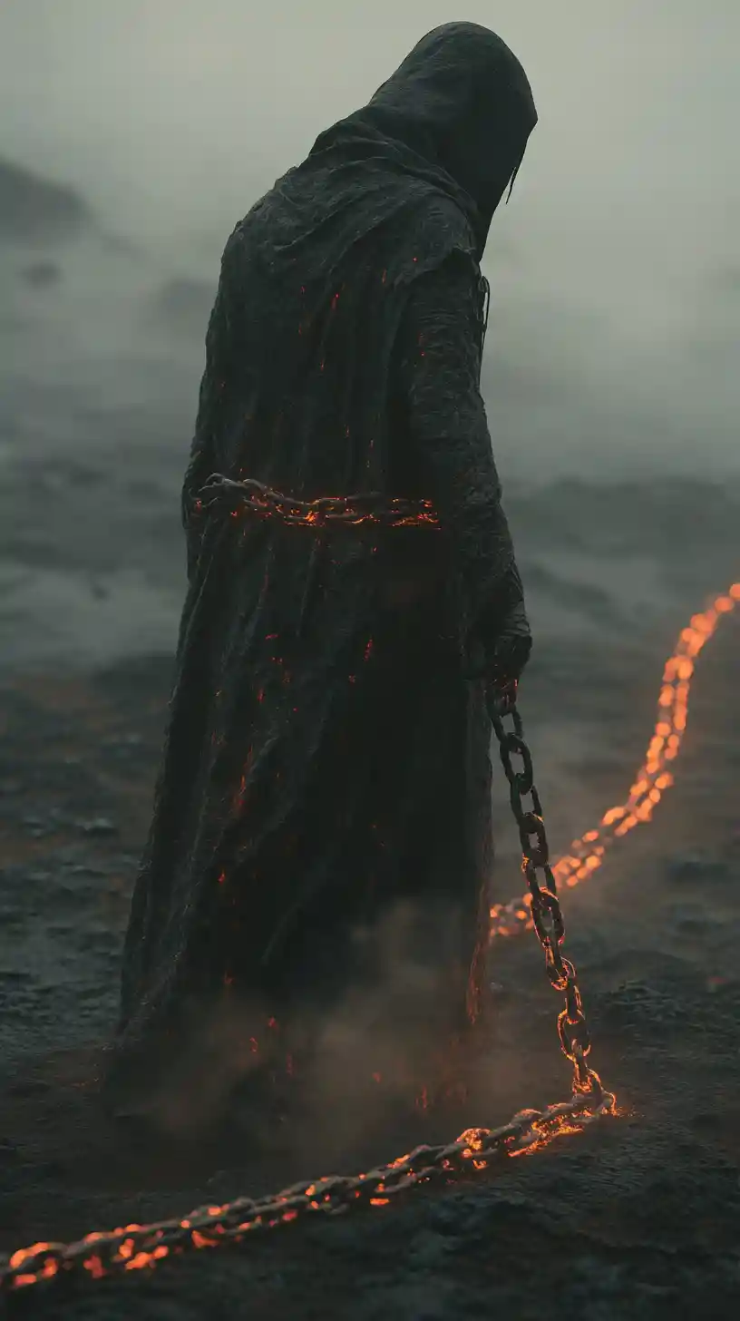 Hooded figure dragging glowing chains across barren wasteland