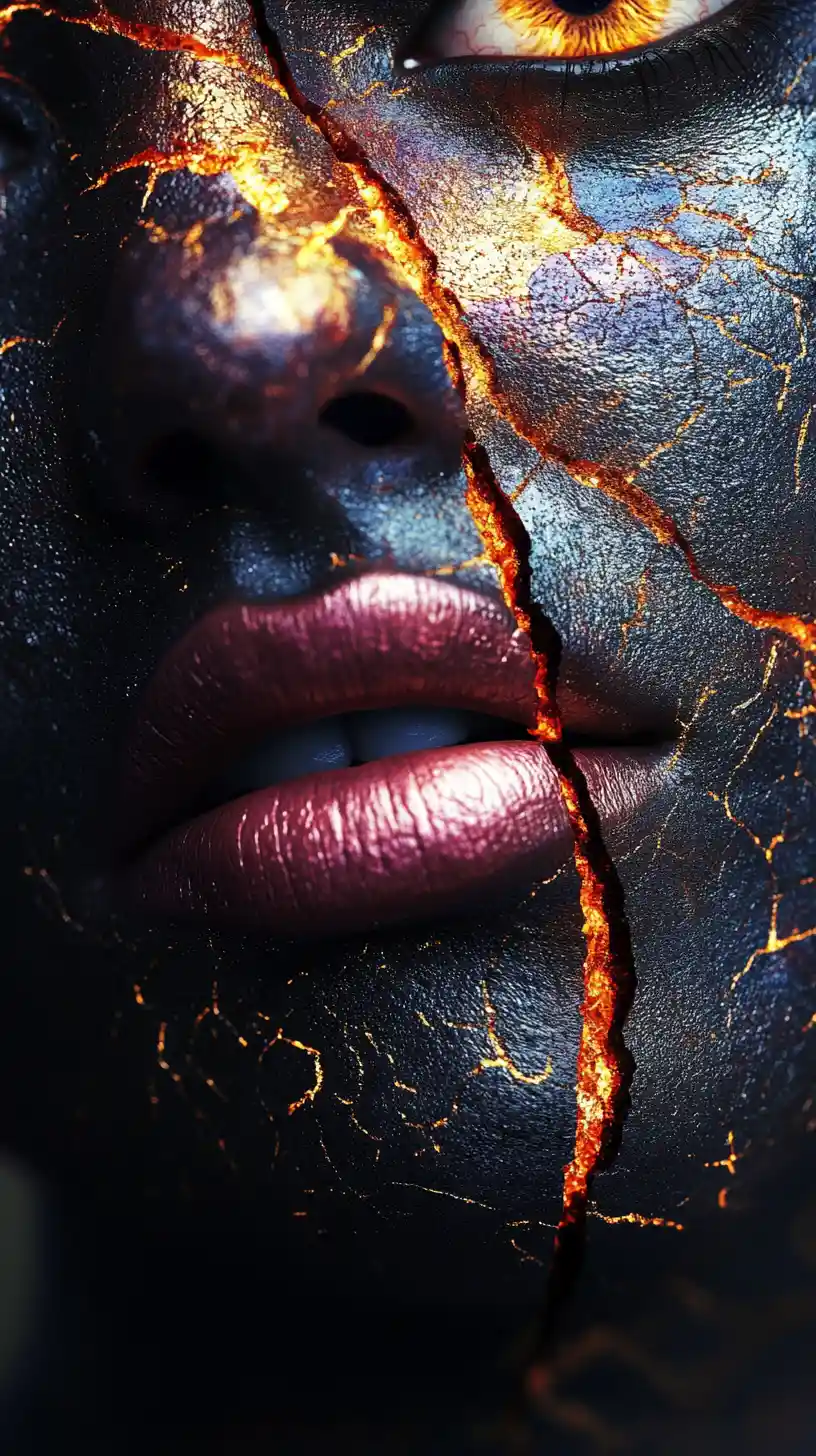 Retrato surreal de rosto dividido com rachadura e gotas de cores vibrantes