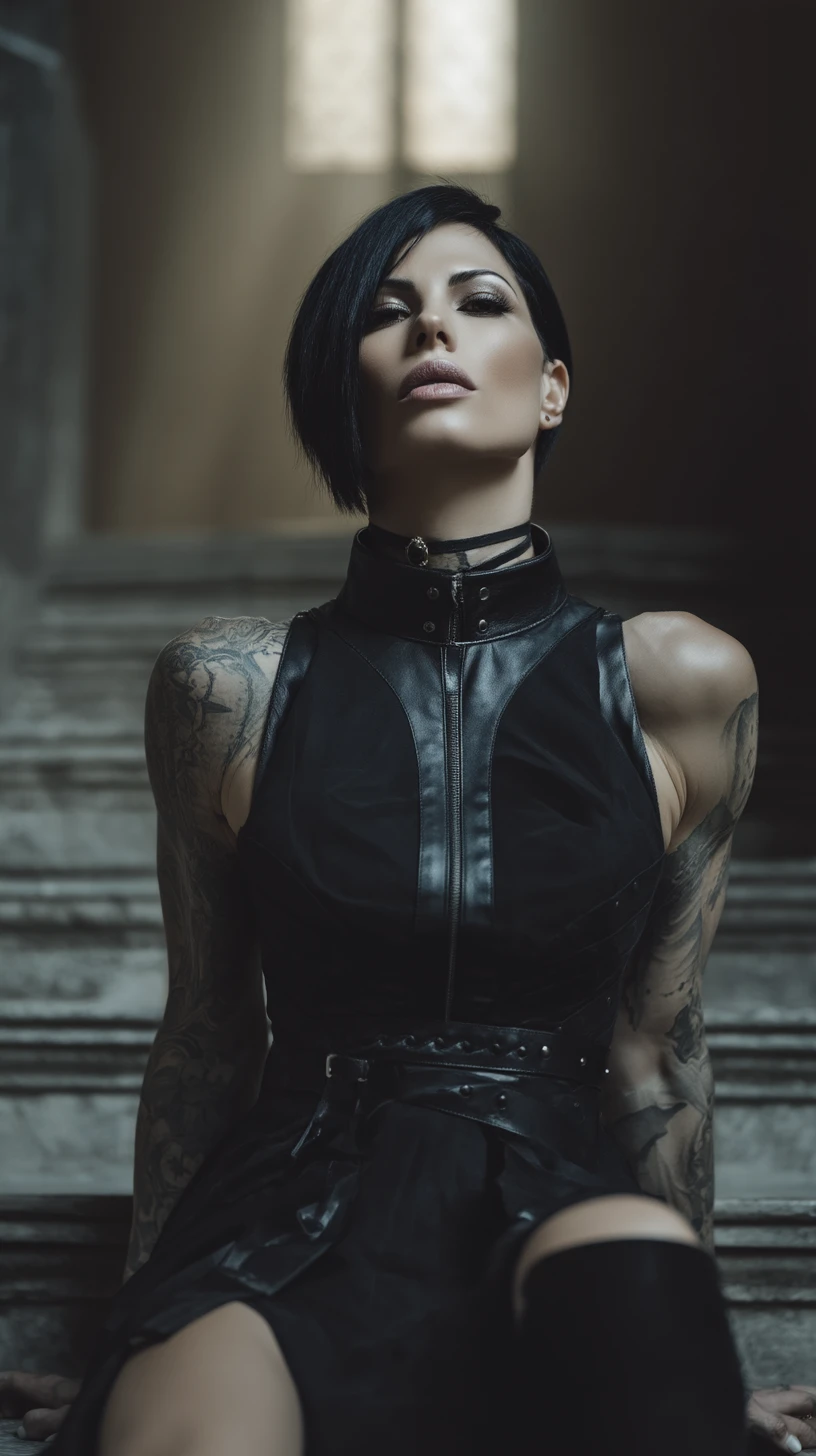 Muscular woman in black dress sitting alone in church