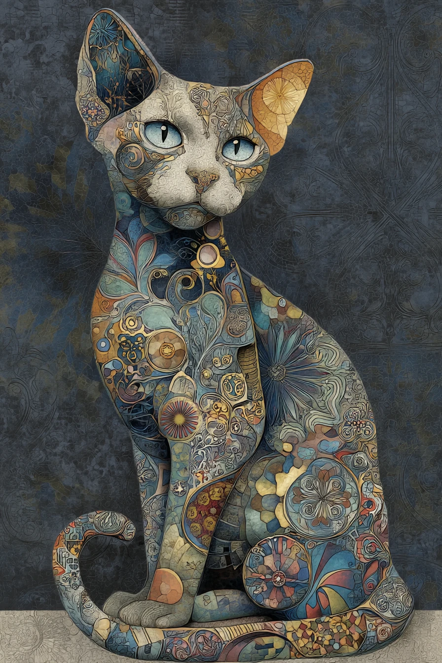 Retrato en pintura estilizada surrealista de un gato misterioso
