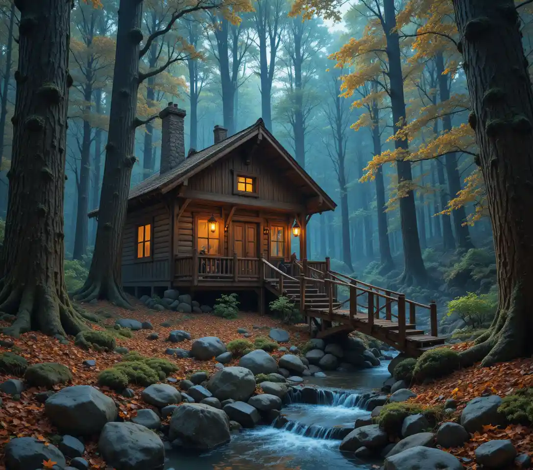 Cozy Forest Log Cabin With Deer And Wooden Bridge