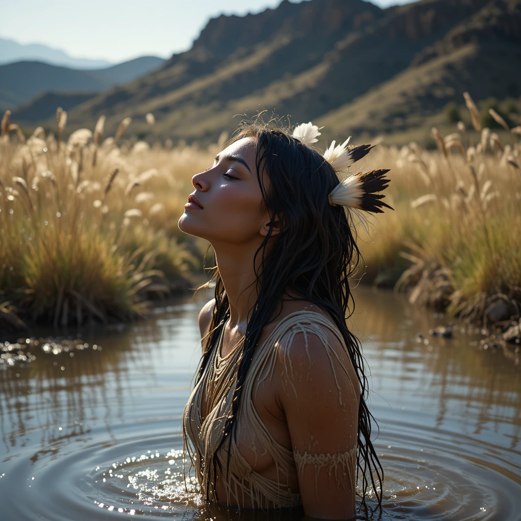 Sioux woman washing her hair in a sunny country pond
