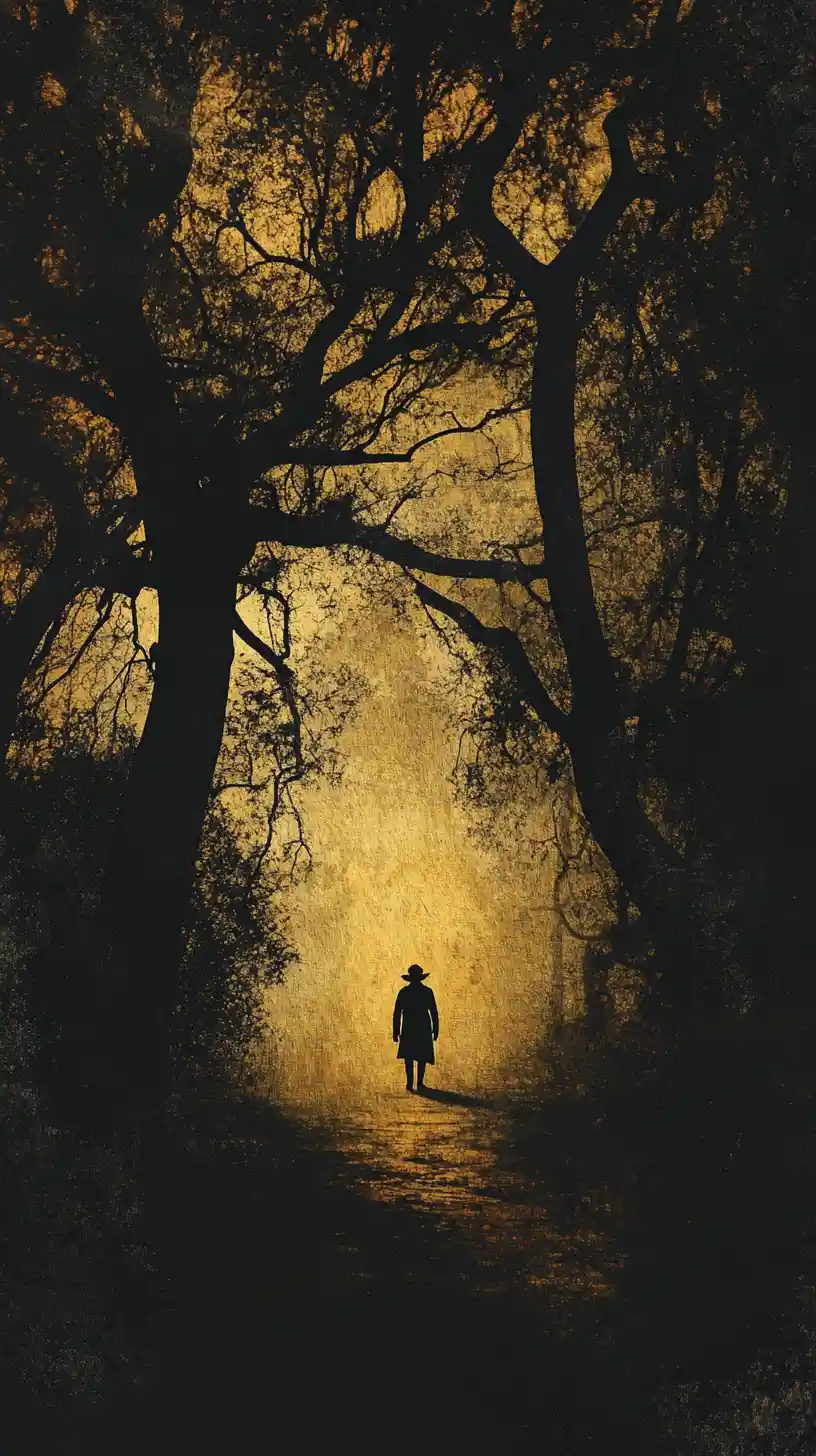 Silhouetted figure entering a mystical forest threshold