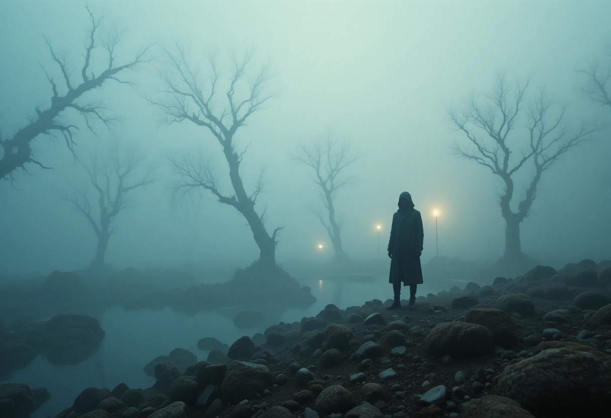 Surreal extreme close up of a lone figure by the water