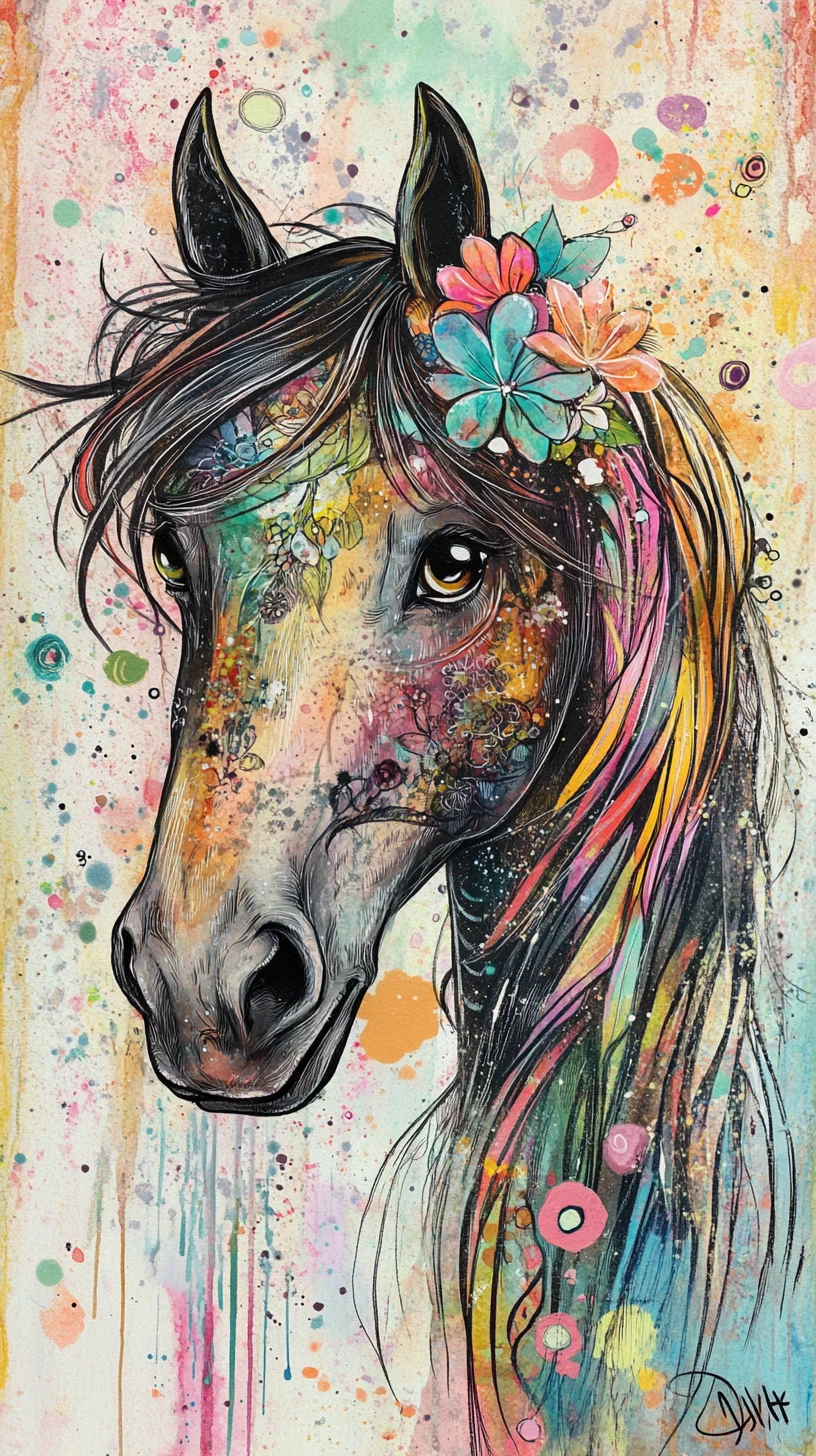 Bohemian horse illustration with flowing hair and floral accents