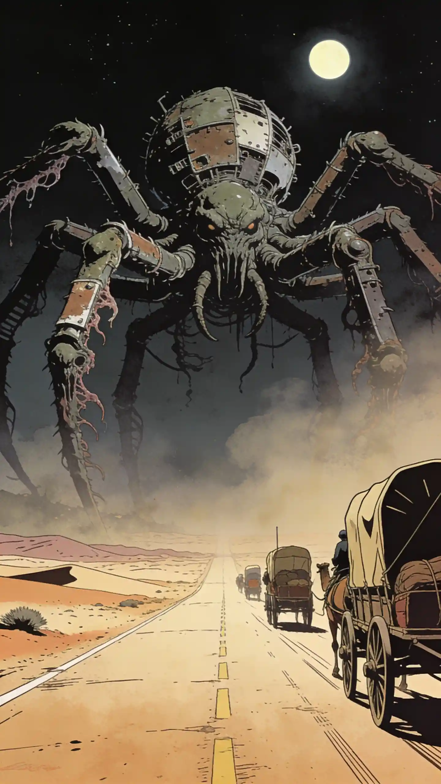 Colossal spider like monster on a hazy desert road