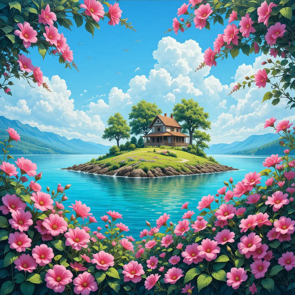 Summer island house surrounded by pink geranium flowers