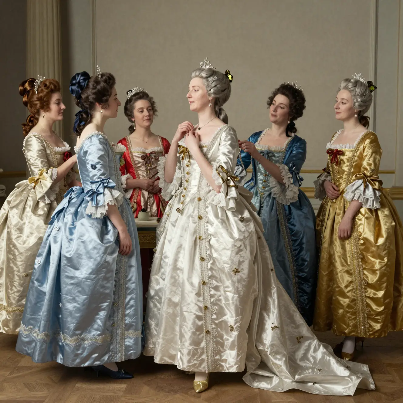 Elegant ladies dressing in a lavish Louis XIV boudoir