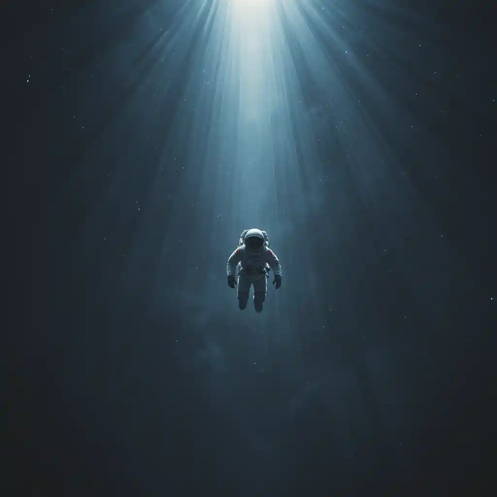 Einsamer Astronaut, der in der stillen Dunkelheit des Weltraums treibt