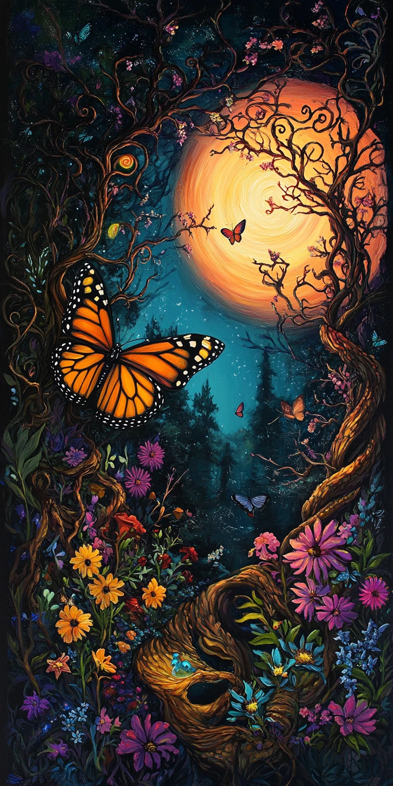 Mystical butterfly in a twilight forest diptych