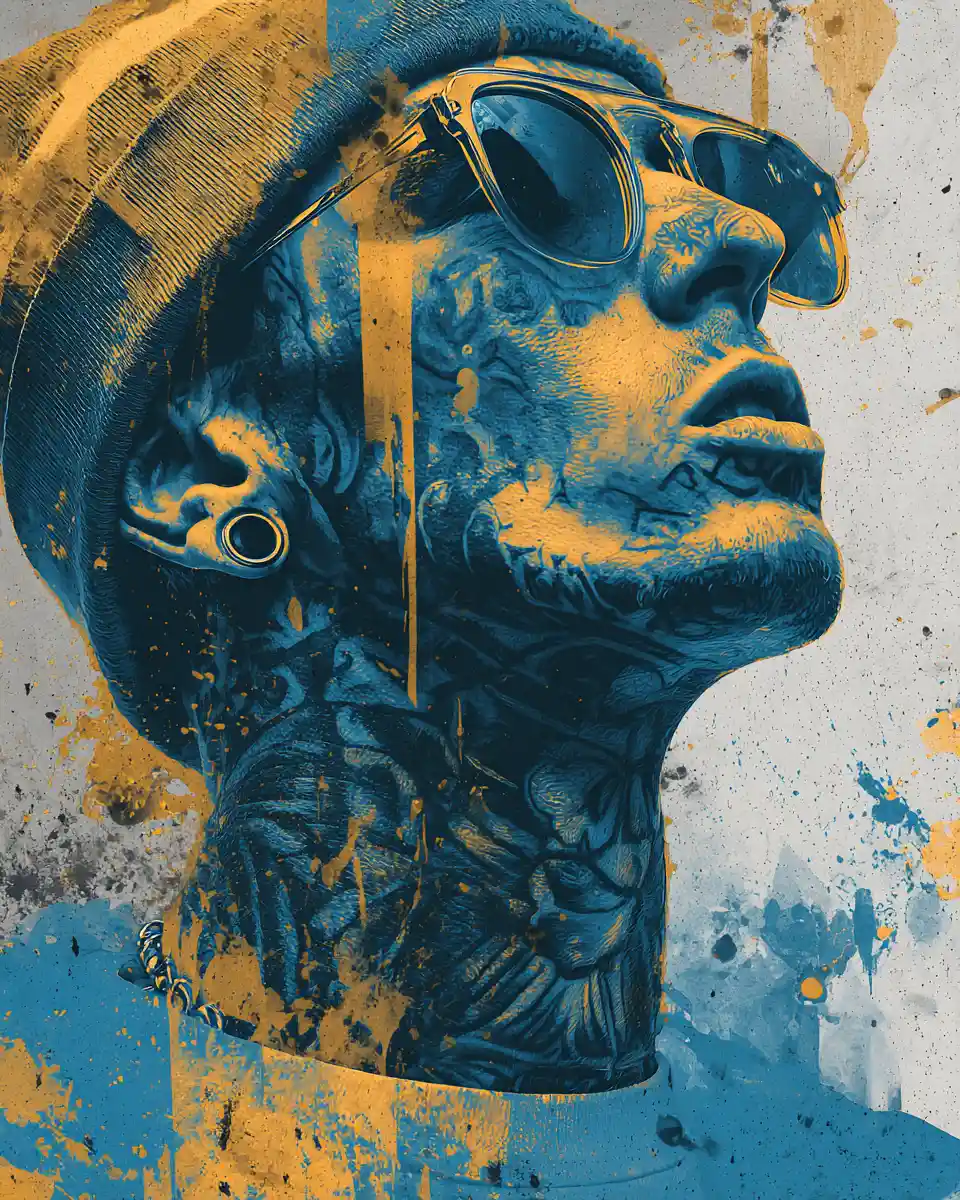 Moody hip hop style portrait with blue and gold accents