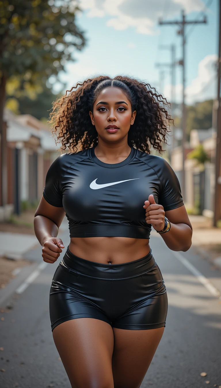 Curvy woman jogging in shiny sportswear on urban street