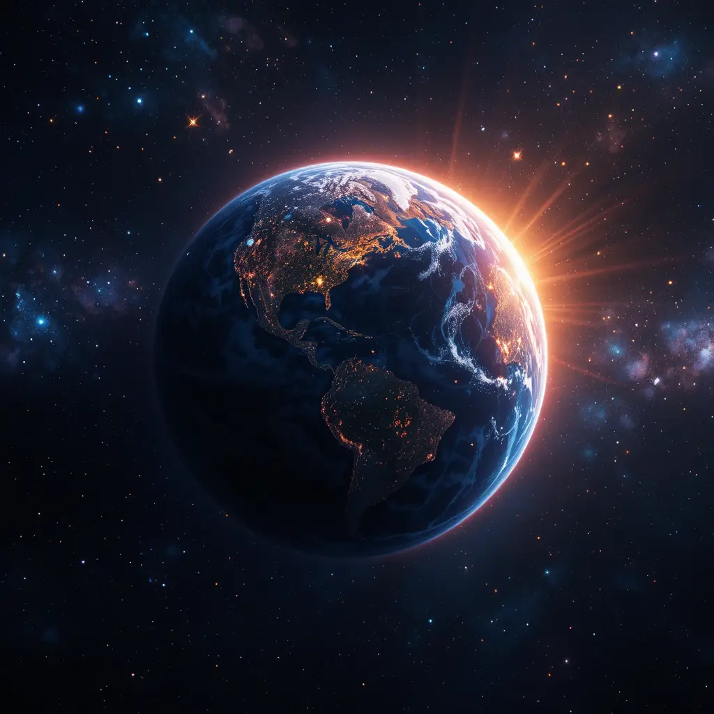Distant view of planet Earth glowing in deep space