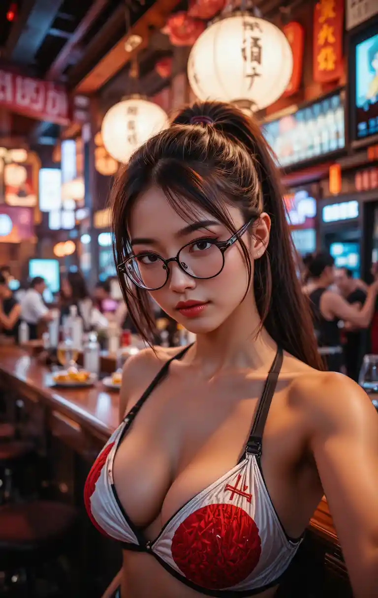 Japanese woman in flag bikini taking a nightclub selfie
