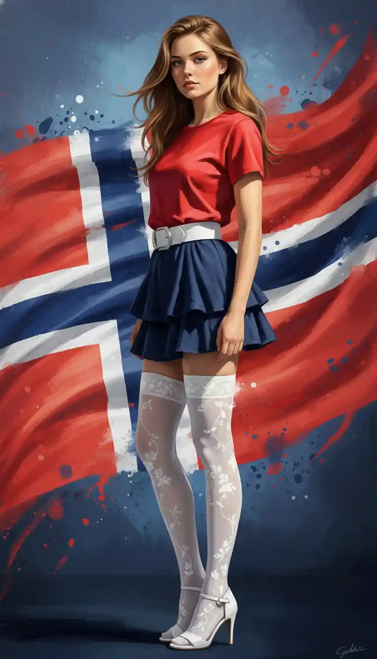 Norwegian girl in red and blue outfit before national flag