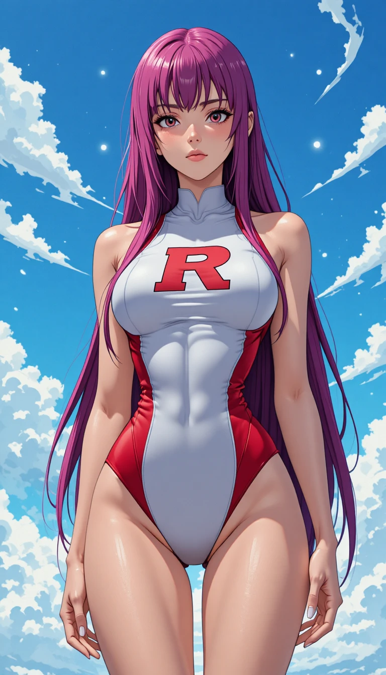 Femme d’anime mélancolique en maillot de bain sous un ciel bleu éclatant