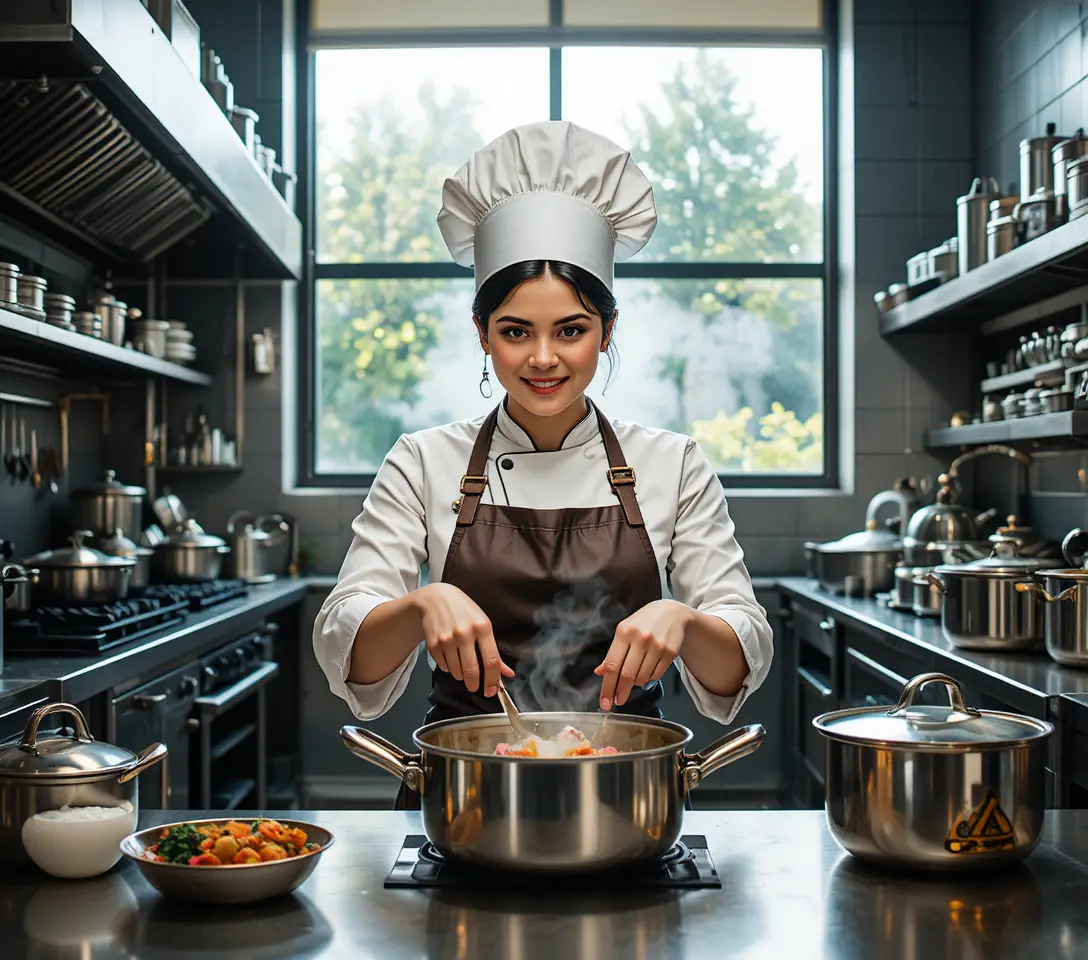 Female chef focused on cooking in a bright professional kitchen