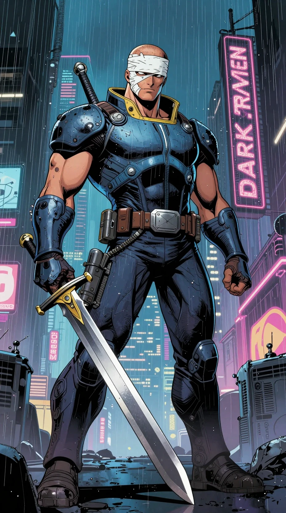 Cyberpunk warrior with sword in neon rainy city