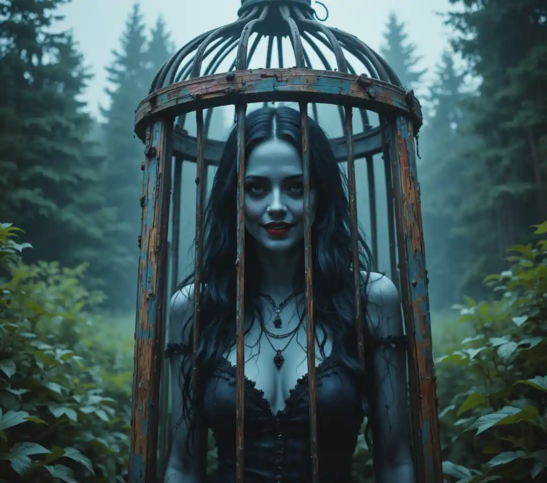 Pale dark haired woman in a wooden cage in forest