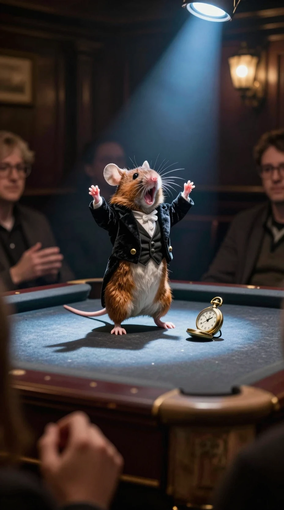 Mouse performer on a pool table in a moody old pub
