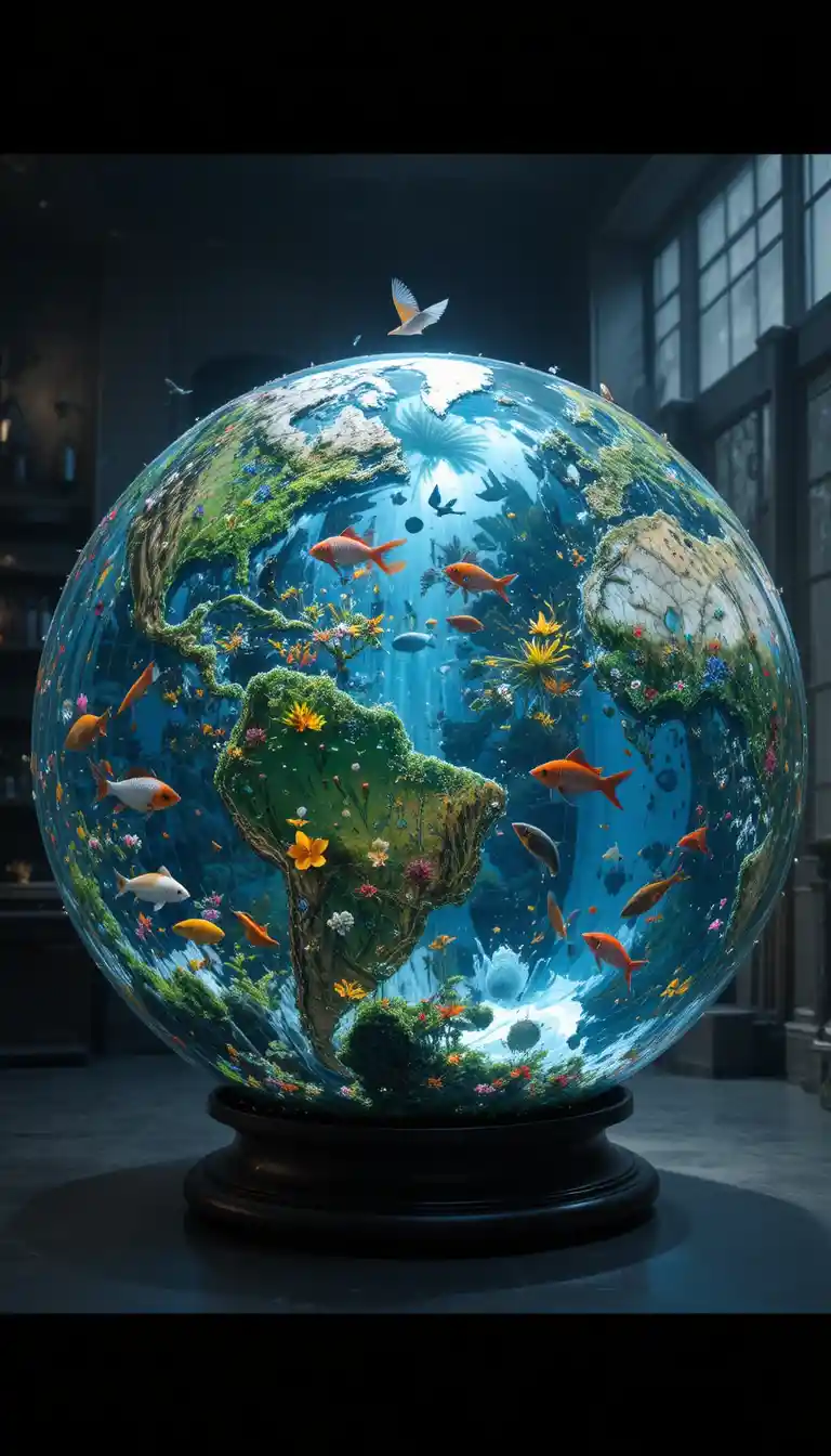 Spherical earth aquarium filled with fish and cascading waterfall