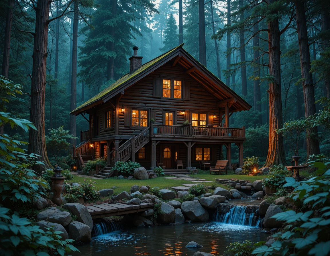 Gemütliche Holzhütte im Wald an einem Bach bei Nacht