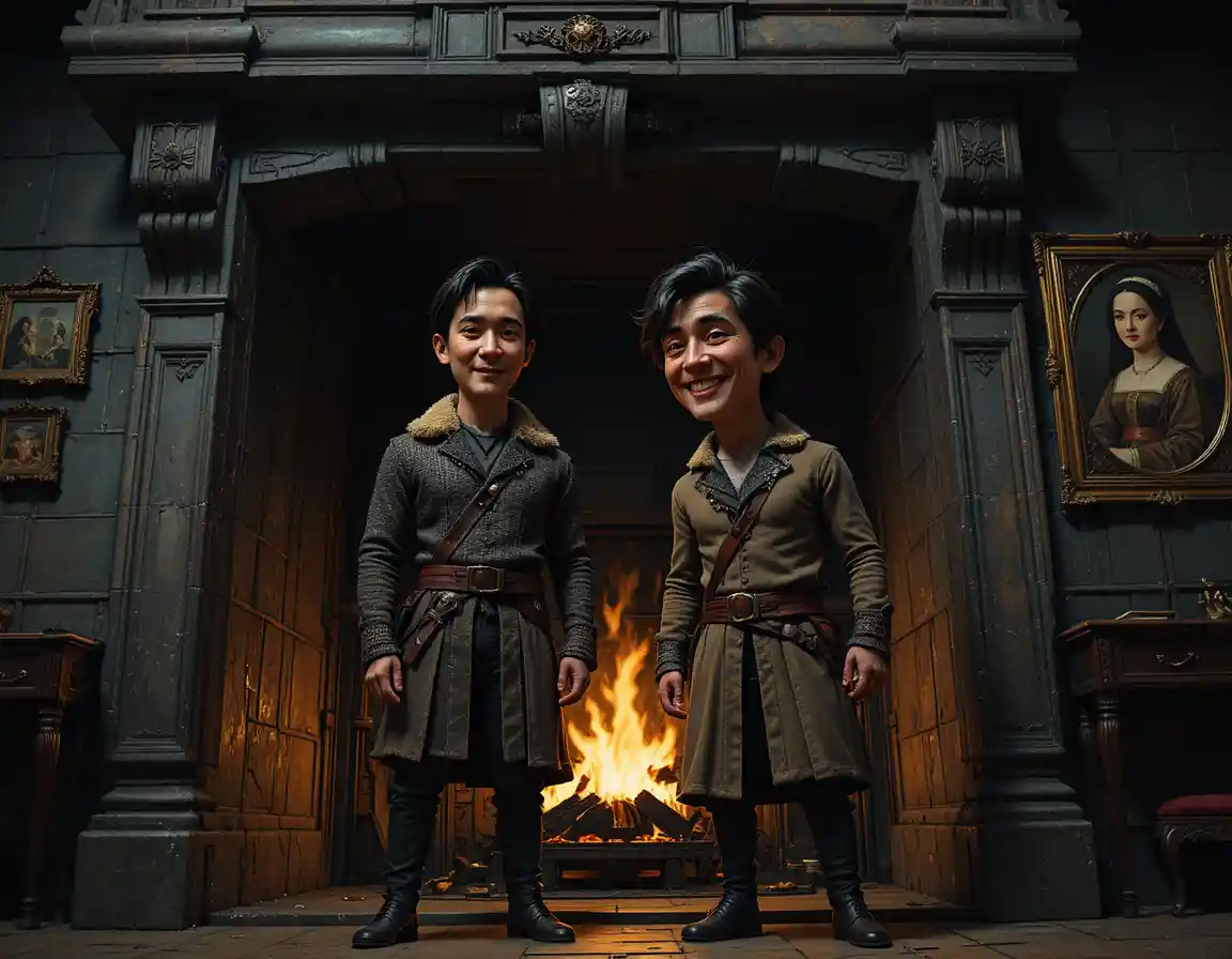 Two men standing inside a grand stone fireplace interior