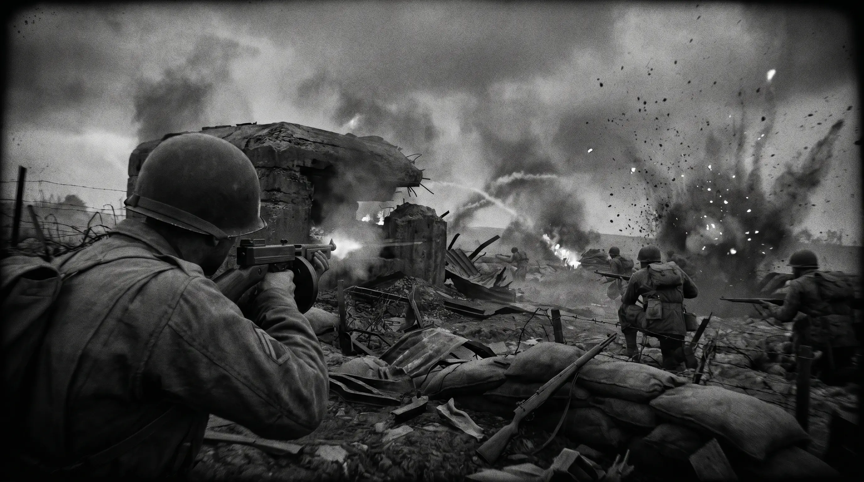 Soldat de la Seconde Guerre mondiale tirant sur un bunker éventré