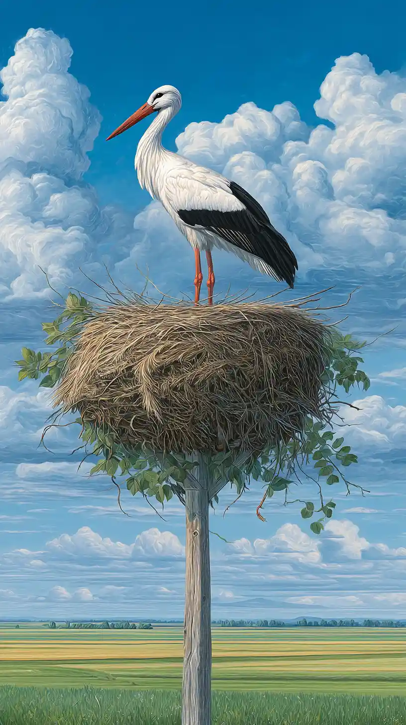 Storch ruht auf hohem Nest über weitem grünen Feld