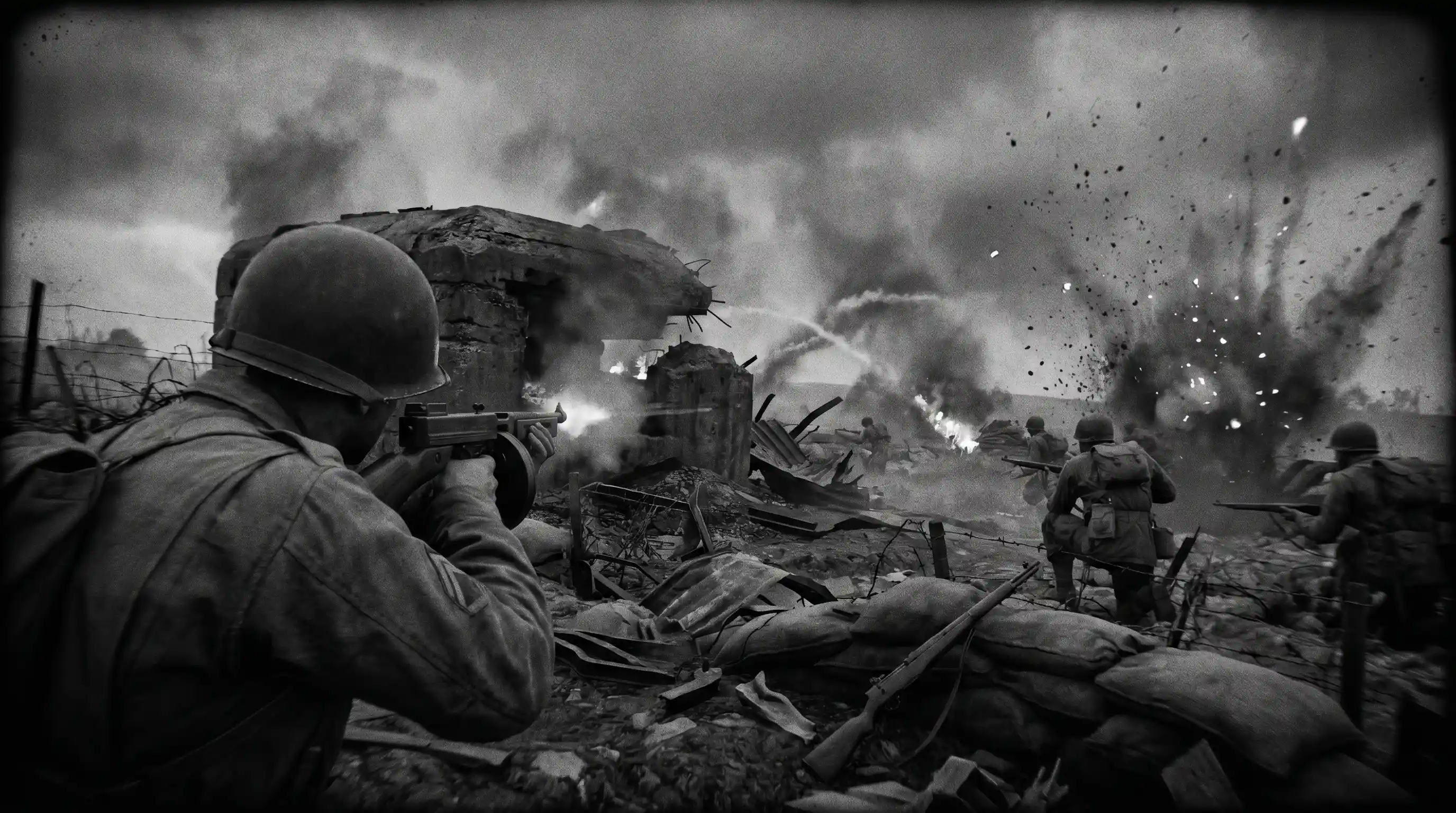 World War II soldier firing into a shattered bunker