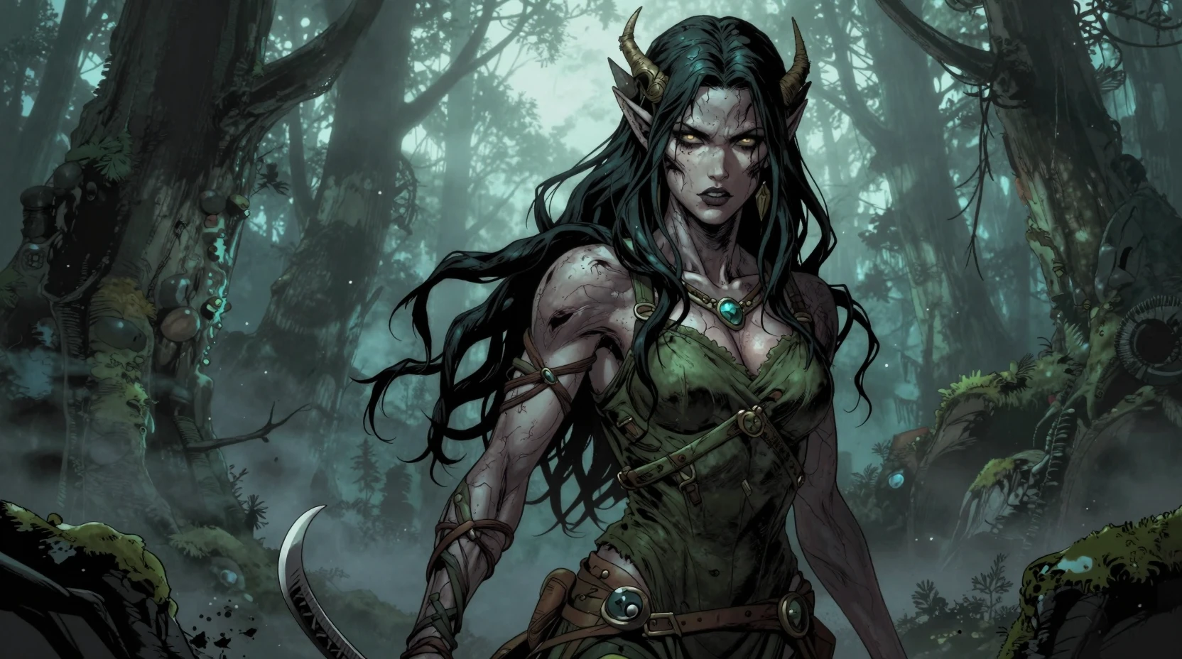 Corrupted female druid emerging from a misty dark forest