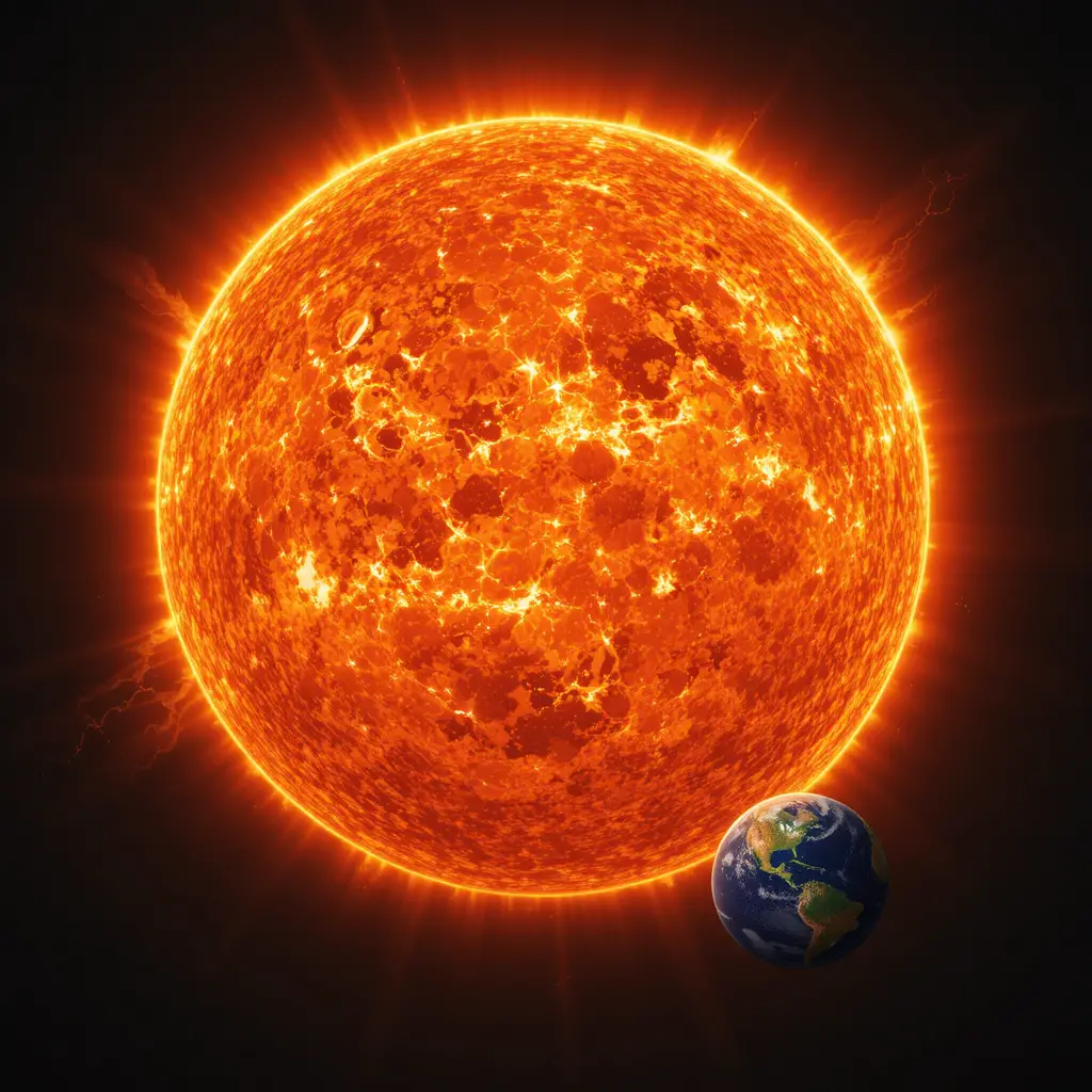 Gigantic glowing sun with tiny earth for size comparison