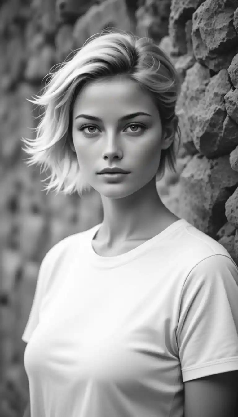 Serene black and white portrait of a young blonde woman