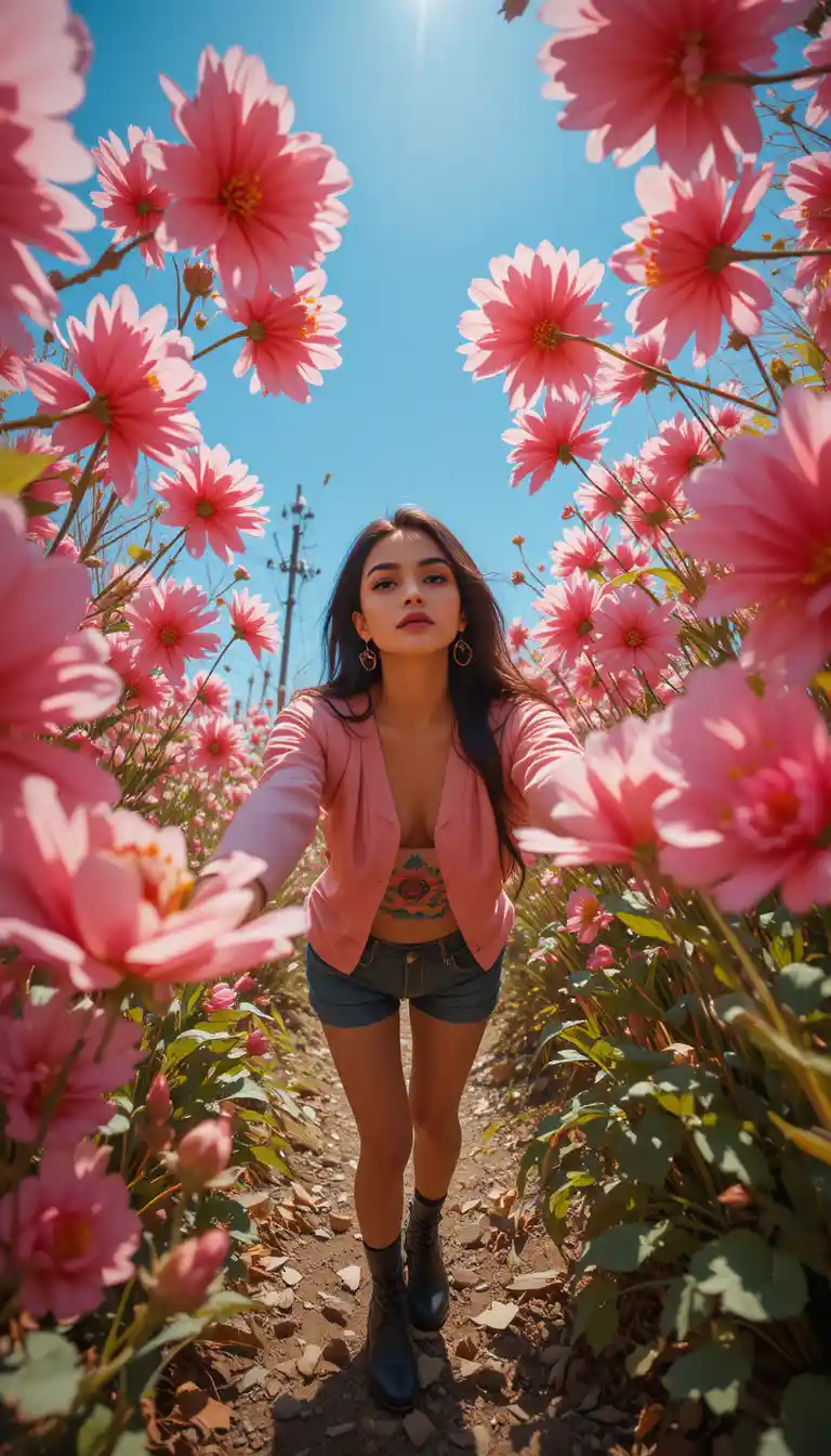 Low-Angle-Porträt einer stilvollen indischen Frau mit Frühlingsblumen