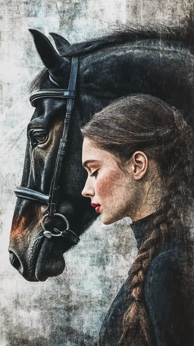 Girl rider in profile beside a trusting black horse