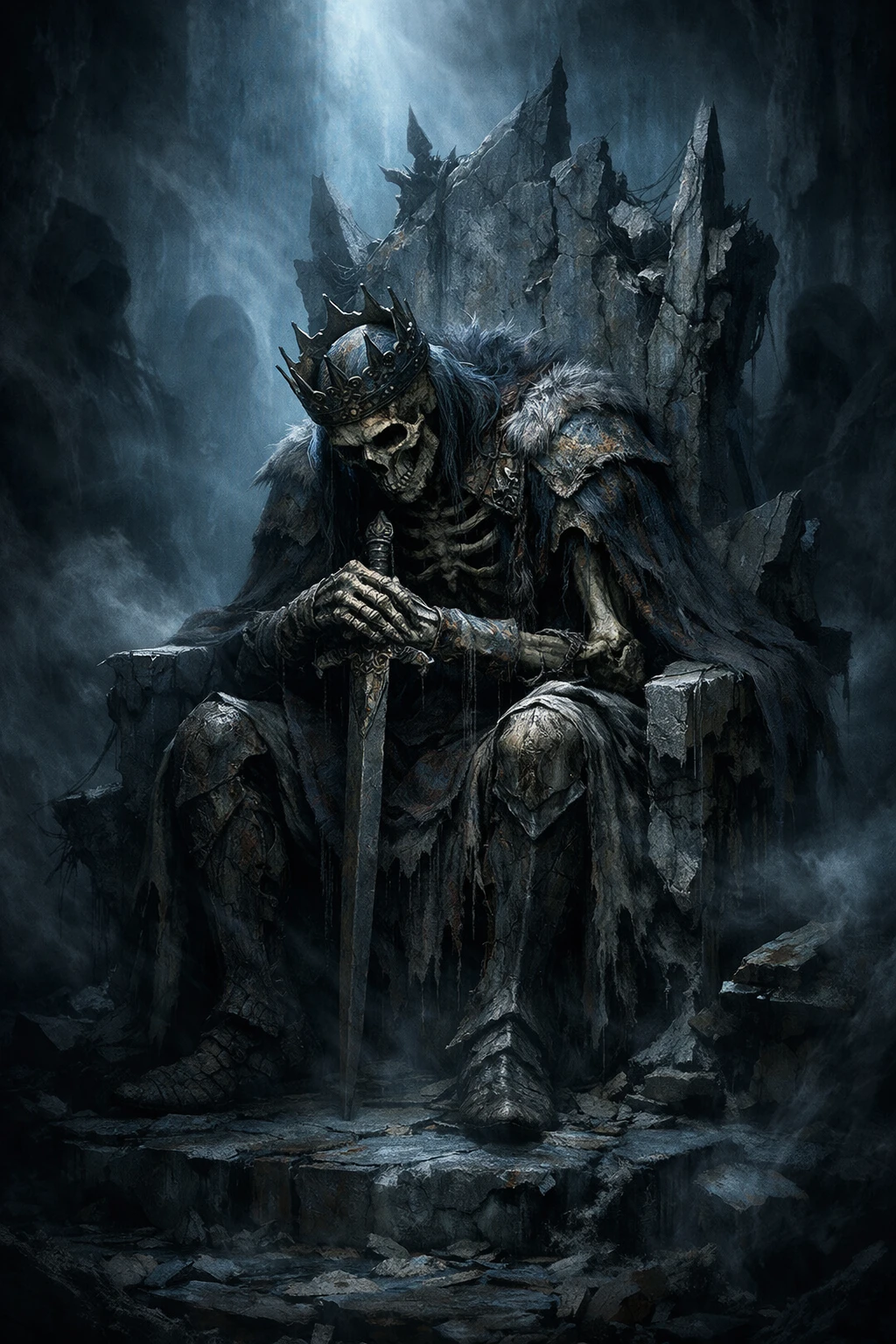 Skeletal king on a broken throne in dim blue light