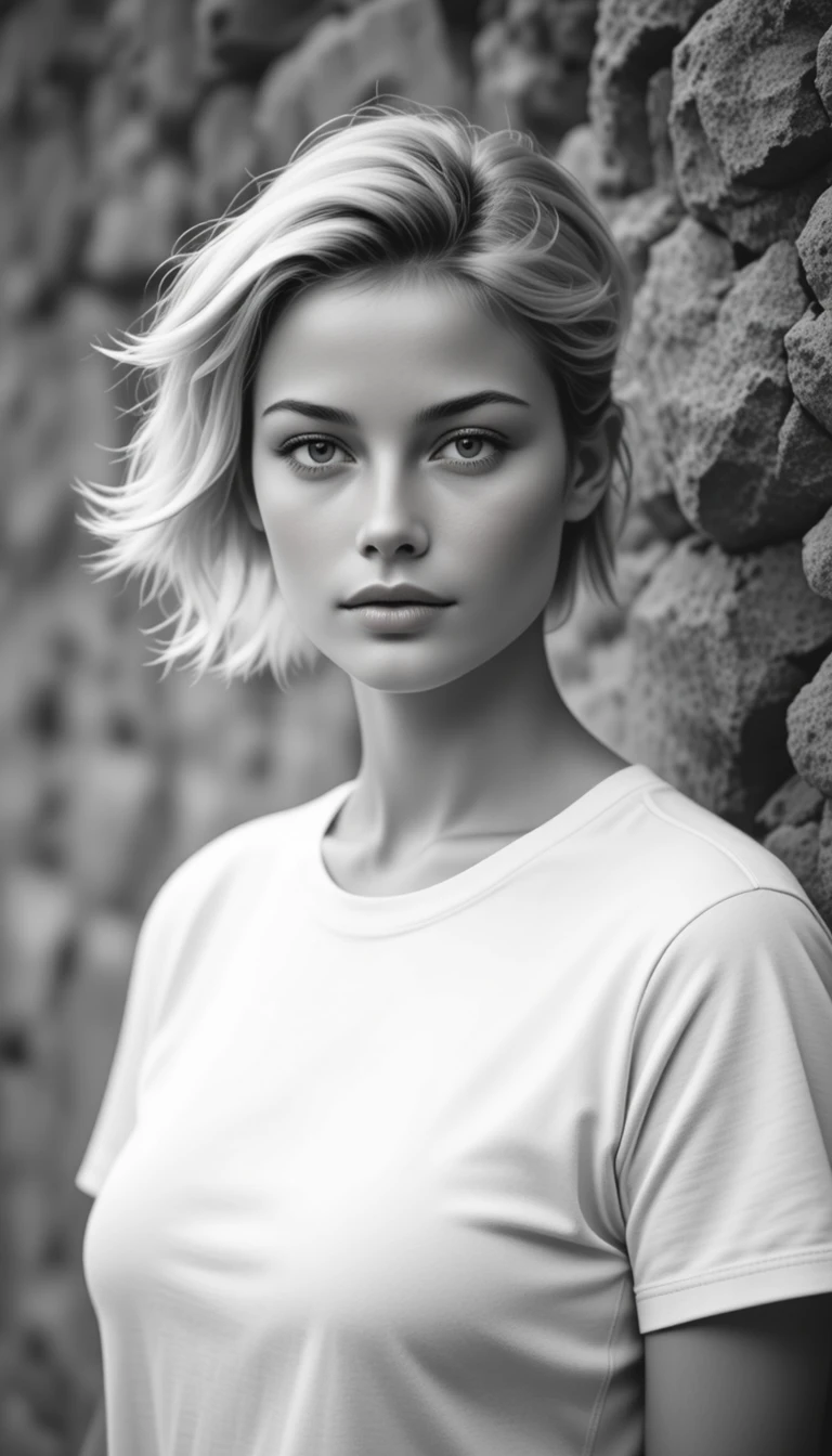 Serene black and white portrait of a young blonde woman