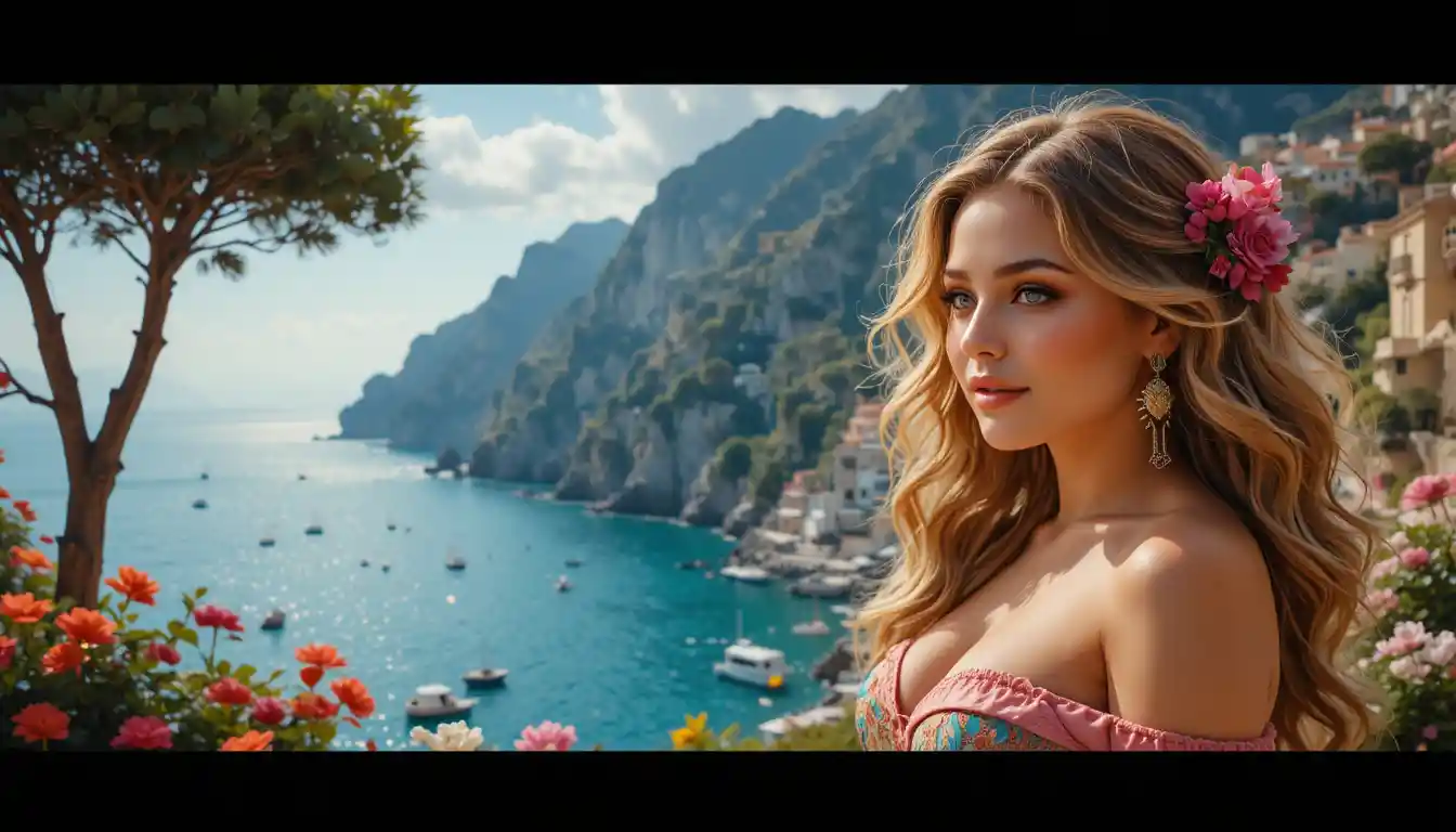 Sunlit Amalfi coast town in a realistic scenic view